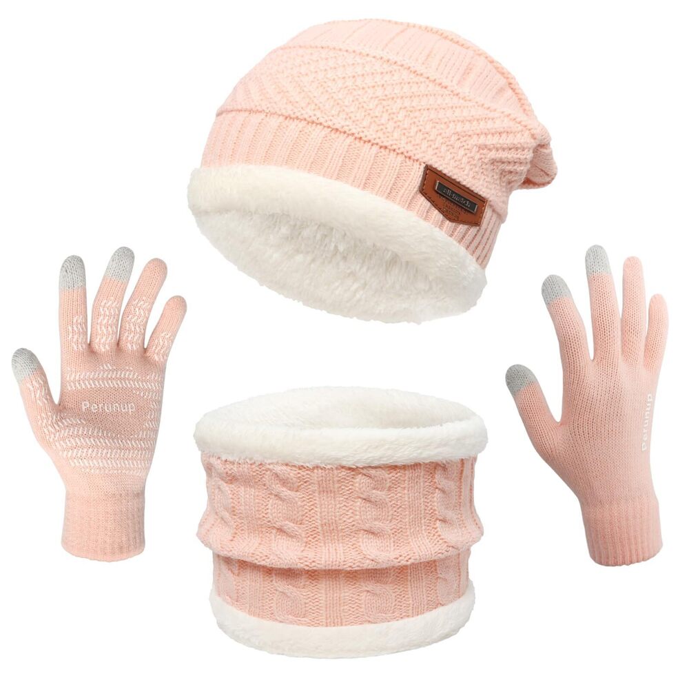 8814 Winter Knit Beanie Hat Neck Warmer Scarf and Touch Screen Gloves Set 3